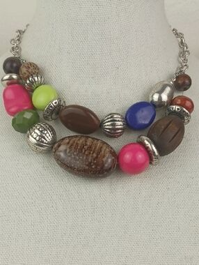 Vibrant Pink, Green, Blue, Earthy Brown & Silver Tone Bead Choker Chain Necklace